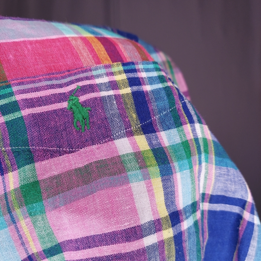 Ralph Lauren Linen Plaid Button Shirt Mens XL Multicolor Collar Coastal Preppy - Picture 3 of 9